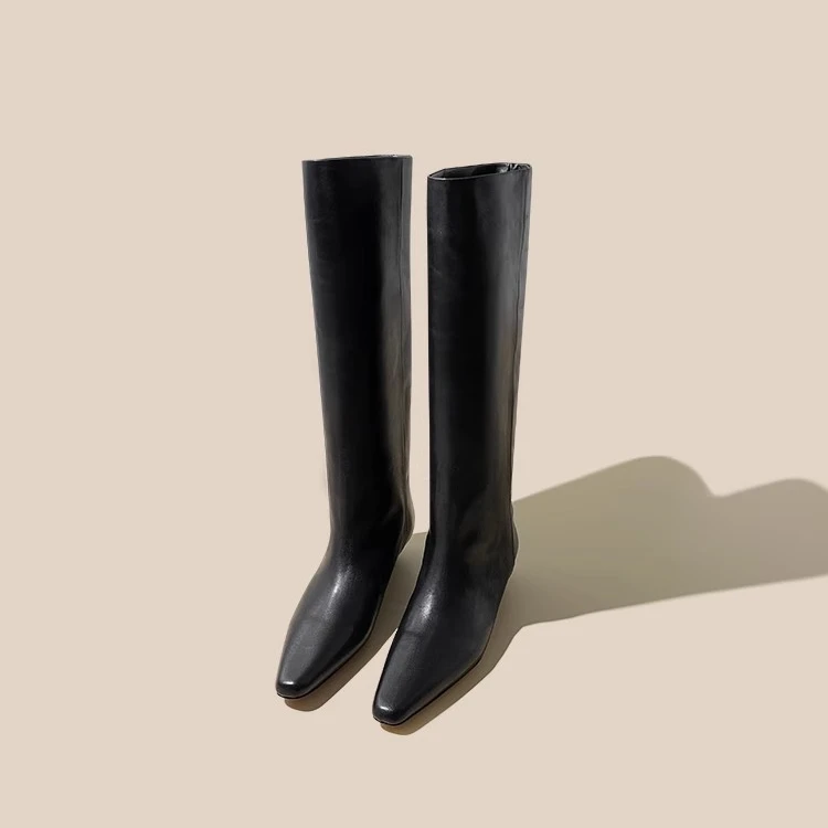 长筒靴女高筒尖头骑士靴2024新款真皮宽筒长靴坡跟内增高靴子