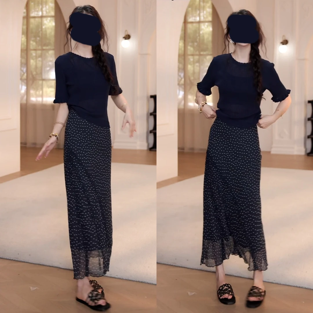 2025夏季新款两件套镂空针织衫波点半身裙长裙套装女时尚气质