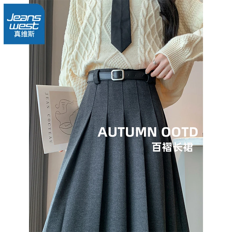 真维斯半身裙女秋冬新款高腰显瘦皮带大码复古百搭中长百褶裙女L