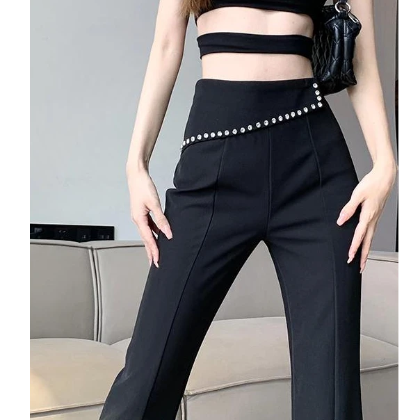 8319带钻喇叭裤高腰有气质春秋开叉设计感显瘦长裤阔腿裤黑色裤子