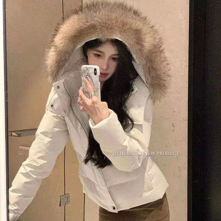 短款棉服女2025冬季新款修身显瘦可拆大毛领连帽保暖夹克外套7797