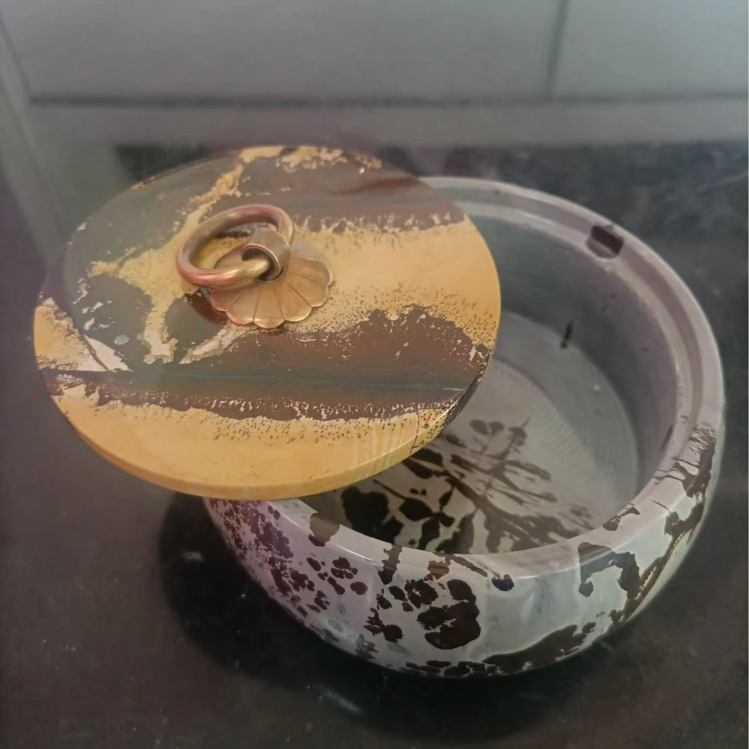 天然粉奇石手工打磨防飞灰烟灰缸桌面摆件国画石材质带盖烟灰缸