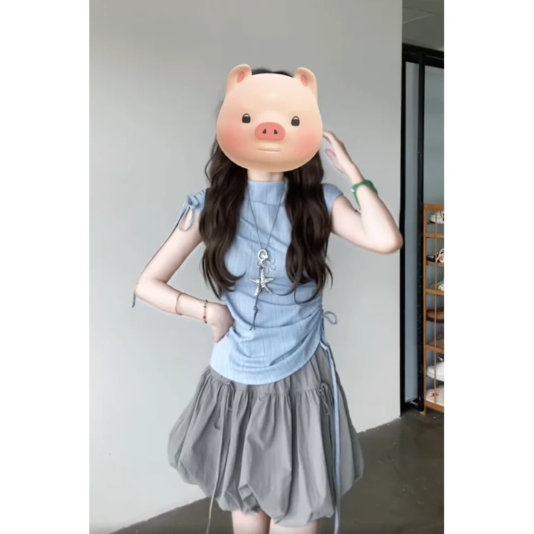 chic甜辣穿搭套装法式气质无袖背心衬衣上衣花苞半身裙女夏两件套