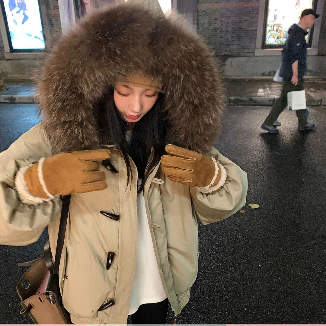 蕉下客牛角扣派克服秋冬保暖厚款可拆卸大毛领舒适宽松中长款外套