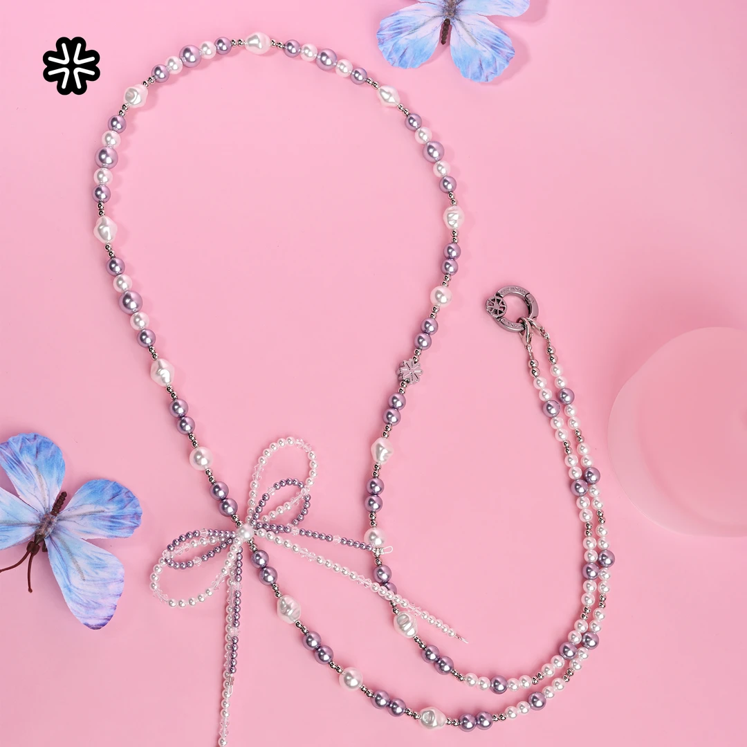 kakaskin/卡卡思长链紫色珍珠蝴蝶结长链可斜跨可背手机链