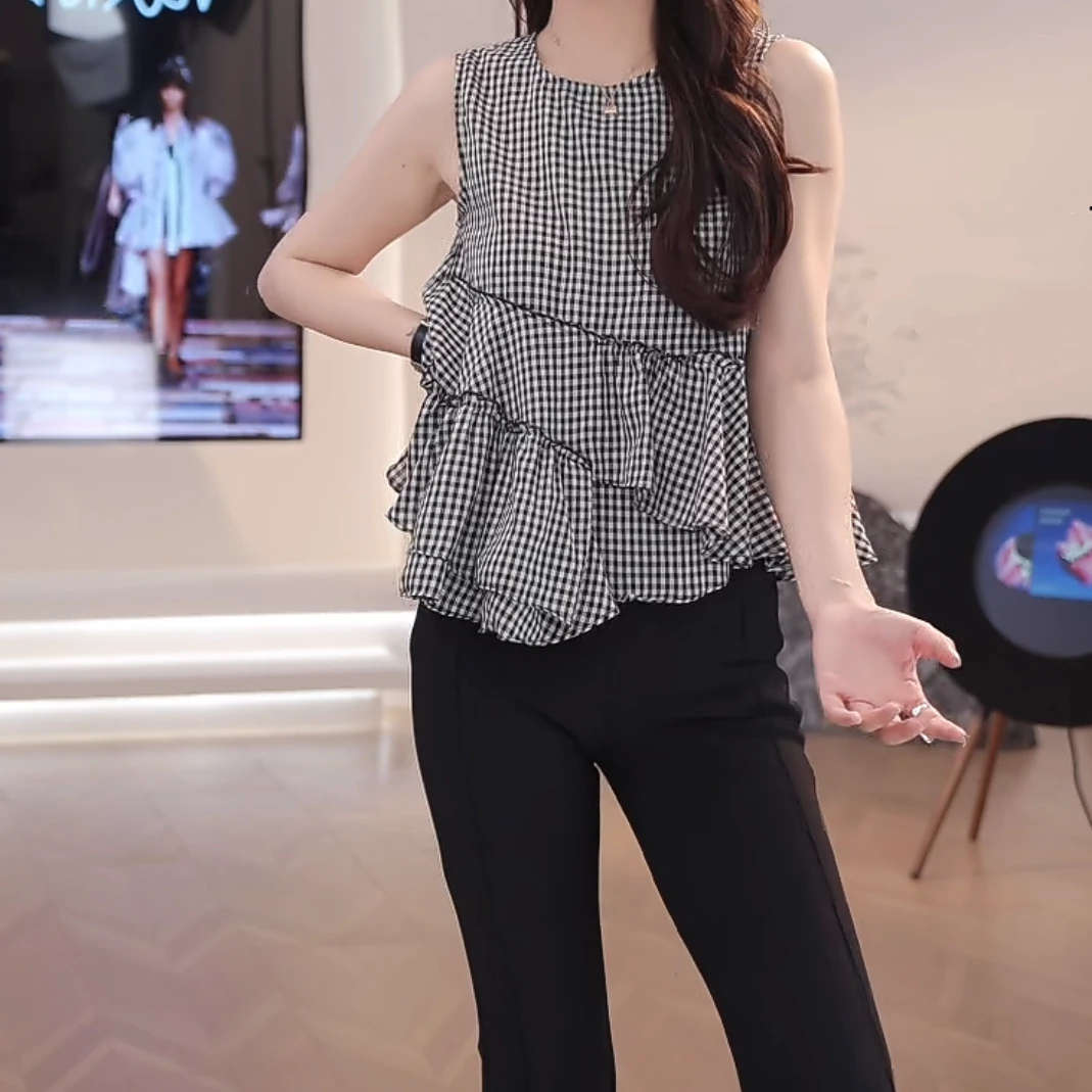 设计感不规则下摆格子无袖T恤女2025夏季新款百搭俏皮圆领上衣