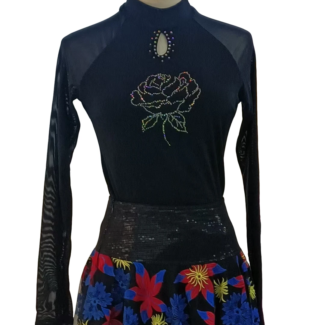 WXF舞蹈服女款长袖水滴连体上衣修身黑色