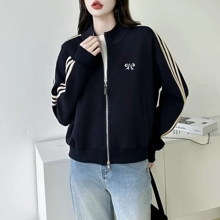 霖优条纹立领卫衣外套女2026春季新款气质棒球服开衫洋气夹克上衣