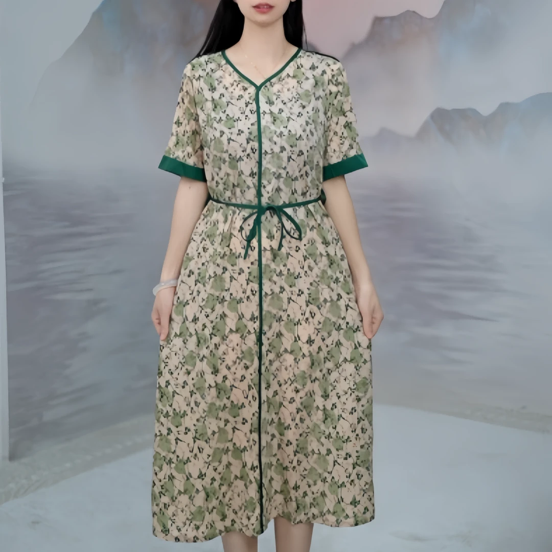 2644夏季新款时尚V领短袖碎花中长款显瘦气质优雅连衣裙