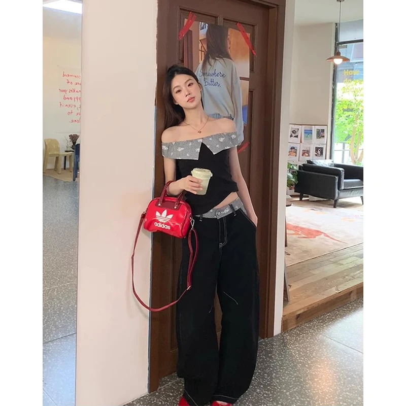 新款美式休闲复古一字肩短上衣高腰薄款牛仔裤女格纹碎花拼接套装