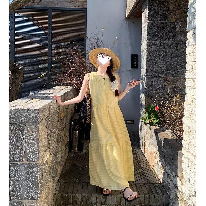 2538“琉璃云母”夏季中长款挂脖背心连衣裙女森系长裙