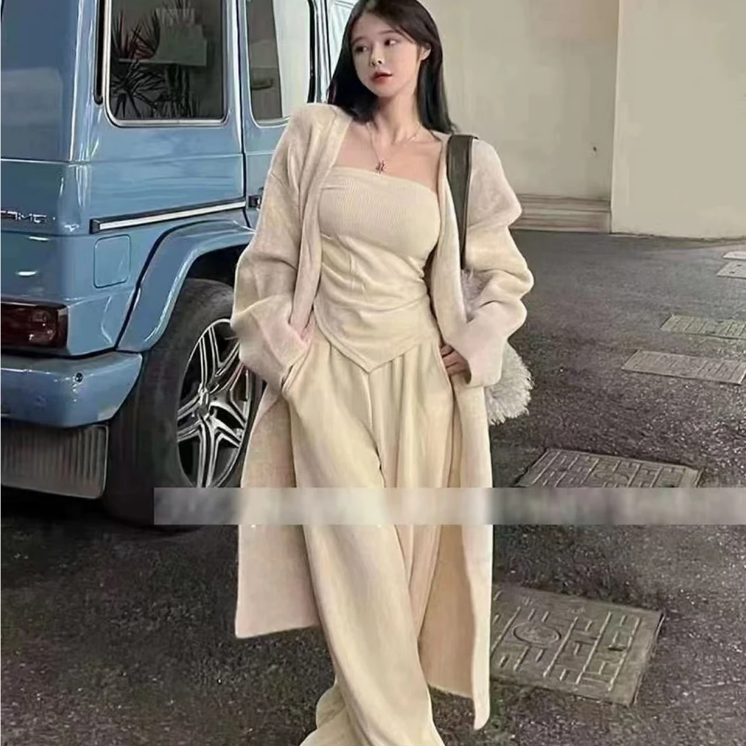 叠褶设计感吊带小背心针织开衫阔腿长裤子套装女