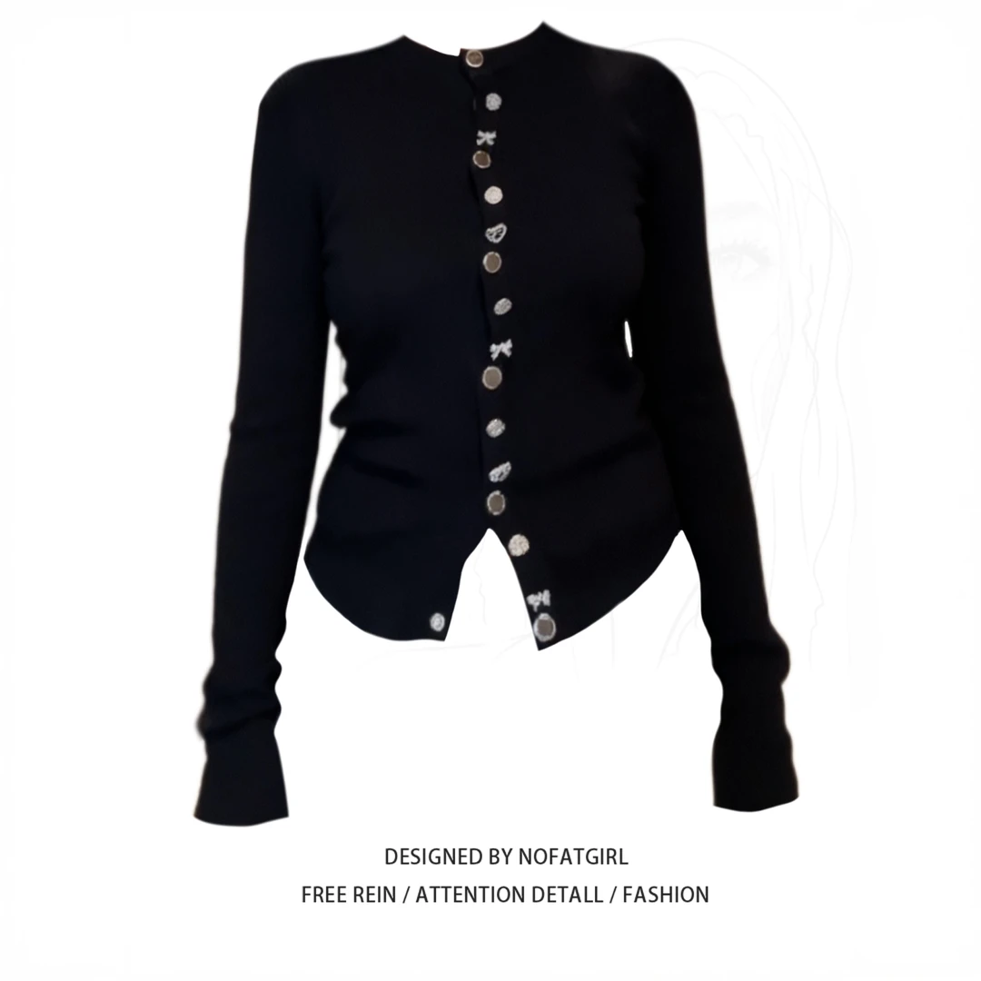 大码胖MM小香风黑色长袖针织开衫女早秋季新款修身纽扣打底衫上衣