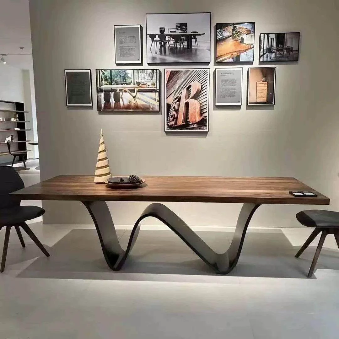 胡桃色大板长方形洽谈桌实木桌子创意个性餐桌腿支架新款书桌