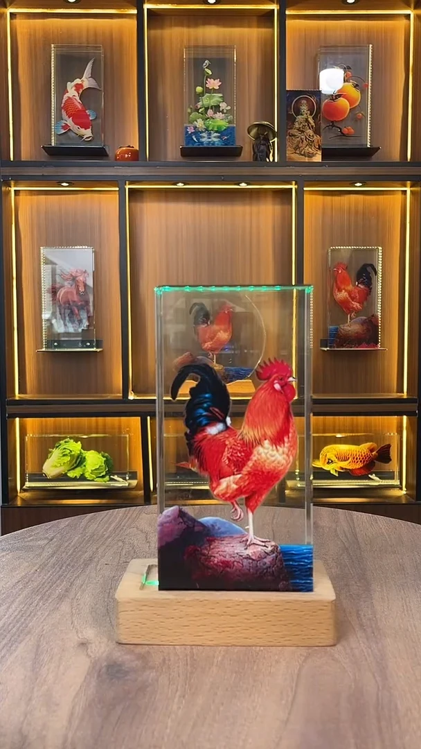 人造水晶细微20公分红 公鸡加底座