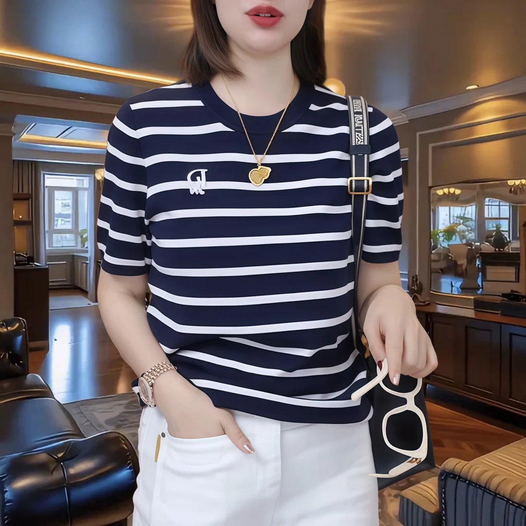 时尚字母条纹针织小衫休闲洋气大气圆领短袖T恤女士高级感内搭潮