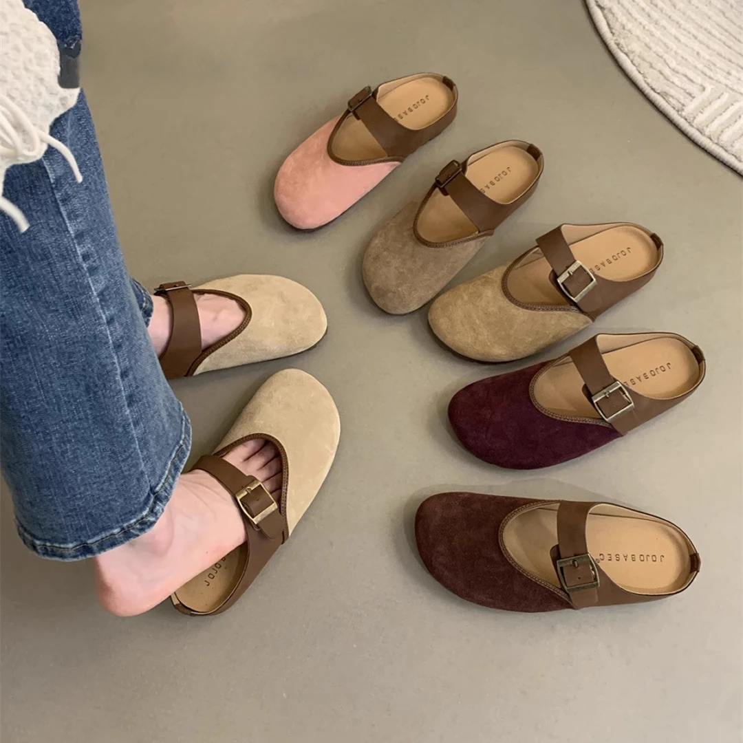 三福真皮包头半拖鞋女2025夏季新款复古日系休闲软平底丑萌勃肯鞋