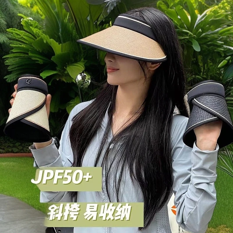 阿媛空顶大帽檐品质防晒遮阳帽女黑胶草编骑车防吹翻大头围时尚