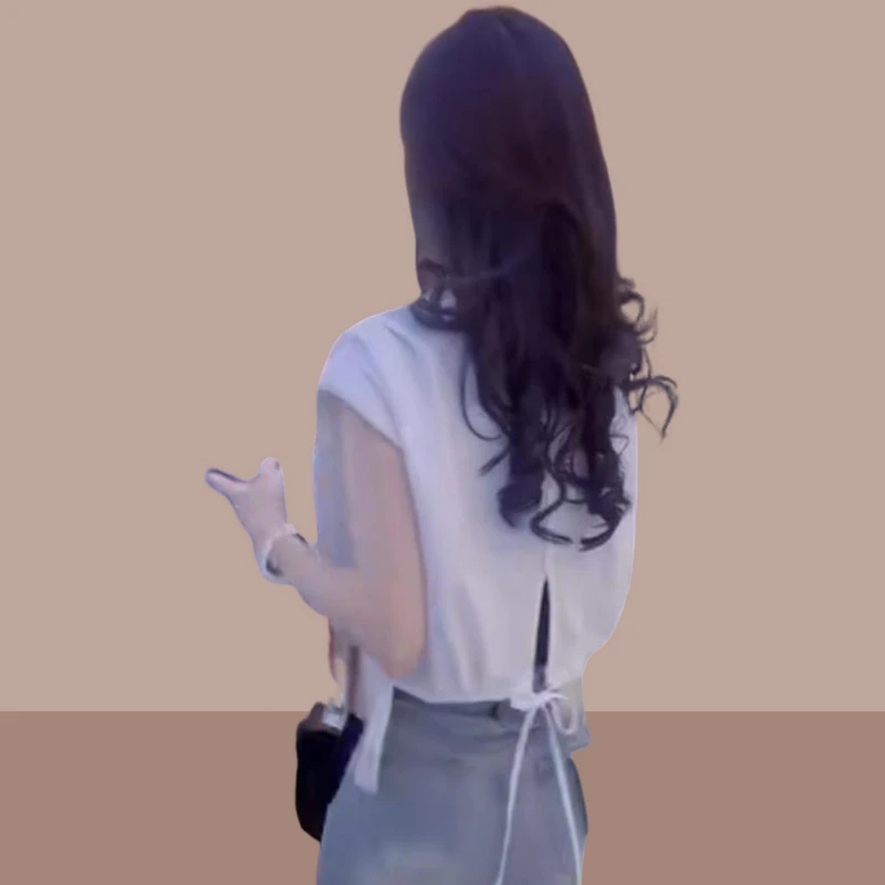 后背系带镂空短袖t恤女2025新款夏季宽松遮肉百搭小众设计感上衣