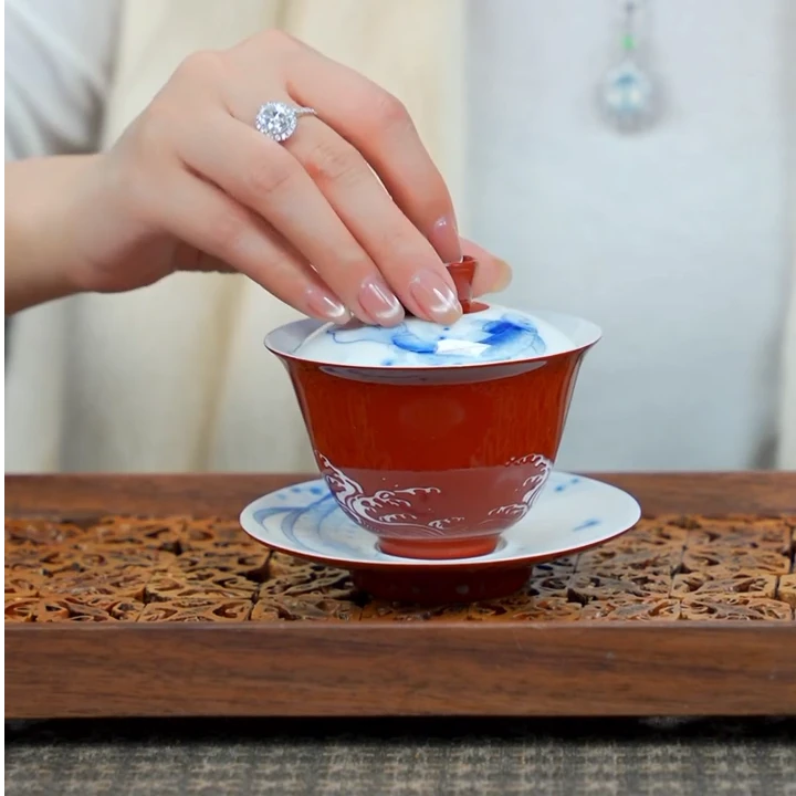 周鸿浦冰玉南红美人盖碗-鱼跃龙门ZHP0013