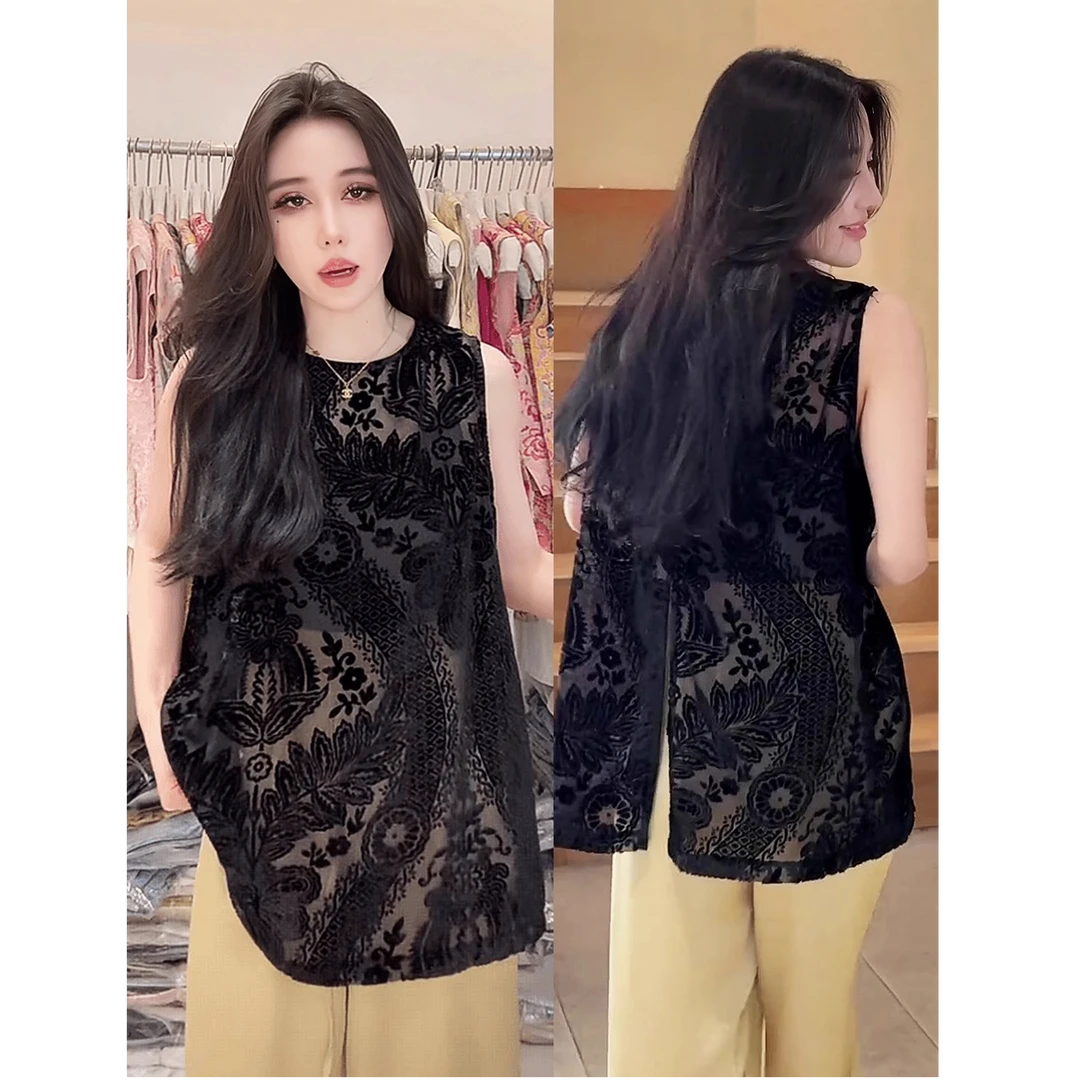 提花镂空后背开叉衬衫女2025新款爆款夏季轻奢高级感背心无袖上衣