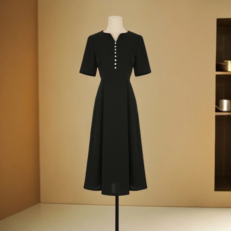 时尚设计感珍珠纽扣收腰连衣裙2024夏季新款气质优雅高级显瘦裙子