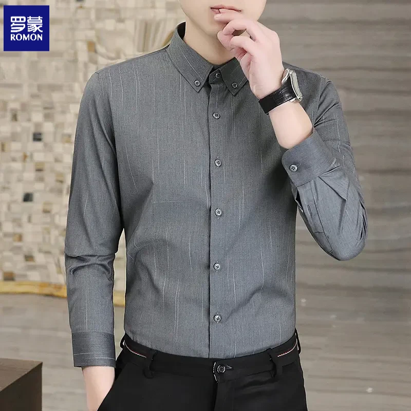 罗蒙商务长袖衬衫男士春秋款休闲上衣服潮流新款修身简约衬衣男装