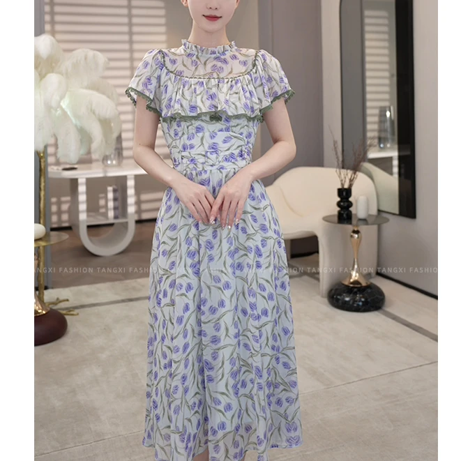 现货2025夏季新款【OU23-X2】法式小众气质小个子碎花收腰连衣裙子