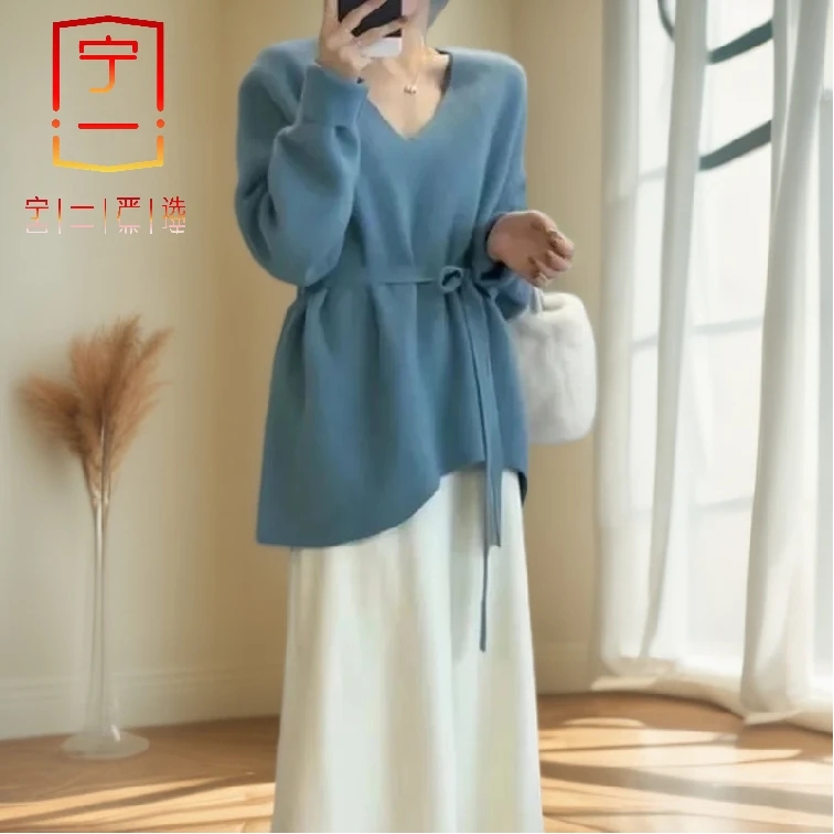 【雅岚女装】秋冬宽松系带收腰设计感针织衫上衣时尚慵懒风领毛衣