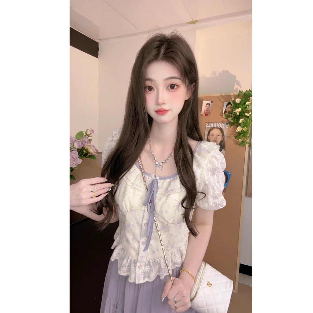 夏日绝美俏皮小个子减龄洋气杏色泡泡袖衬衫两件套裙装女2025新款