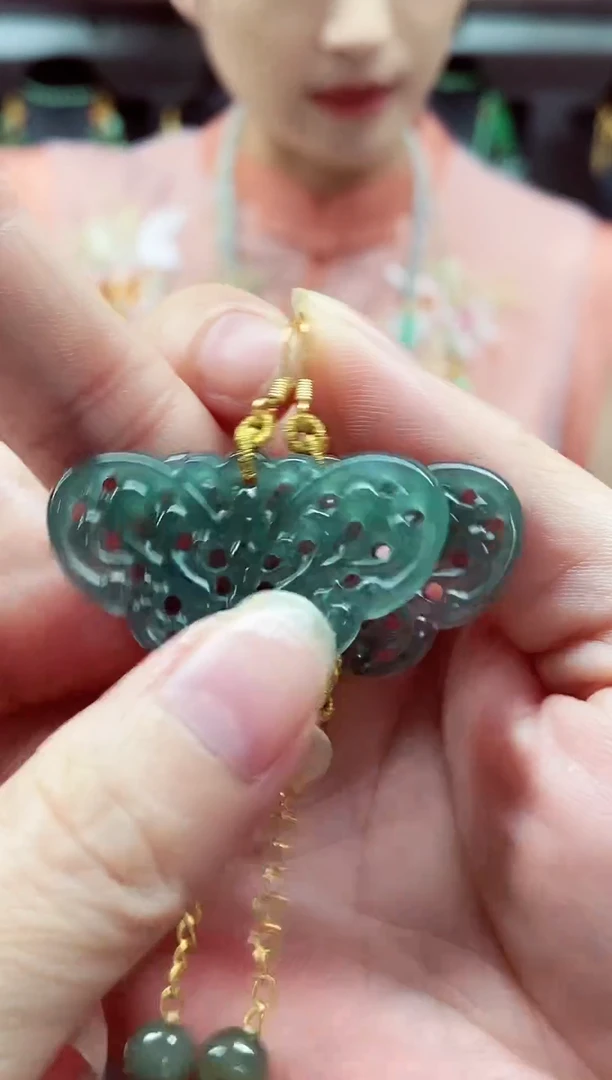 翡翠银S925镀金镶嵌毛衣链翡翠耳饰