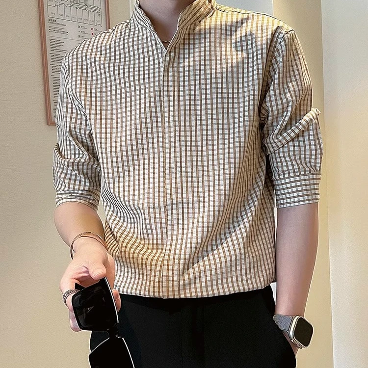 高级感格子衬衫男短袖潮牌痞帅衬衣男款2025新款男士秋季半袖上衣