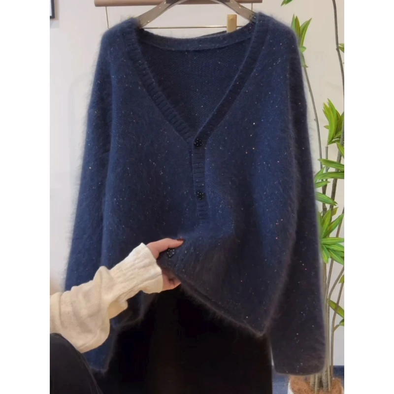 高级感藏蓝色V领针织开衫女装秋冬长袖纽扣亮片毛衣宽松显瘦上衣