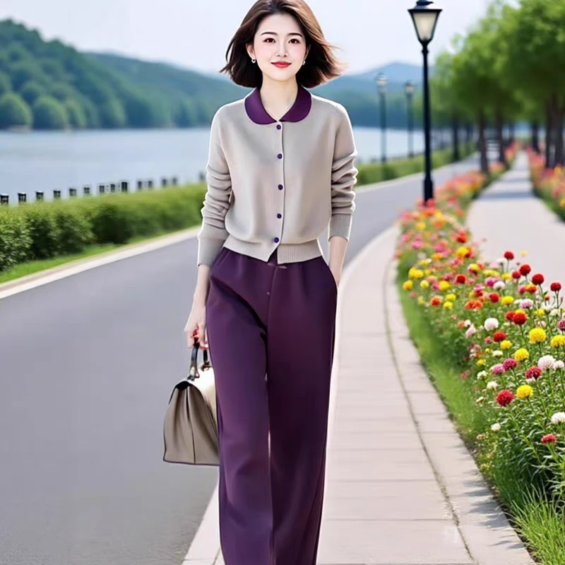 2025秋季新款设计感女装高级撞色翻领针织衫+休闲气质裤子两件套