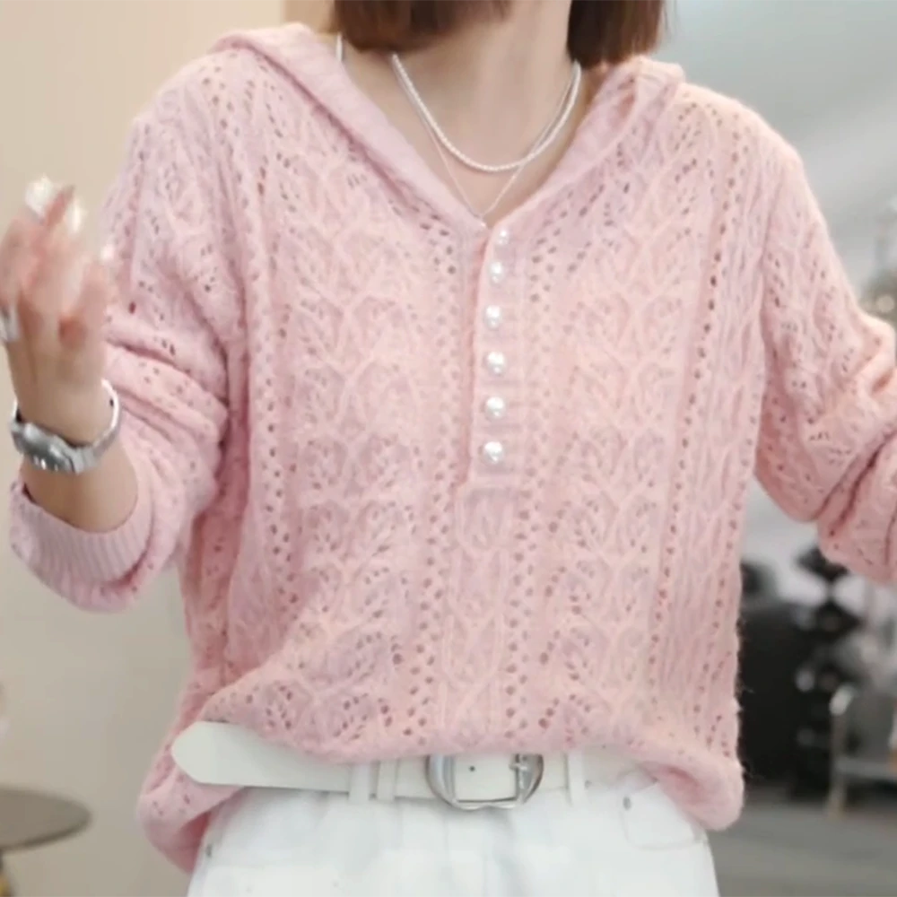 【长春万古】早春新款时尚气质百搭休闲宽松连帽长袖毛衣针织开衫