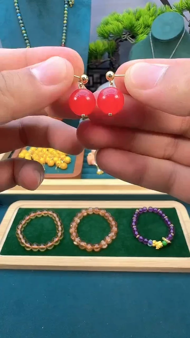 南红玛瑙14K金镶嵌耳饰E340