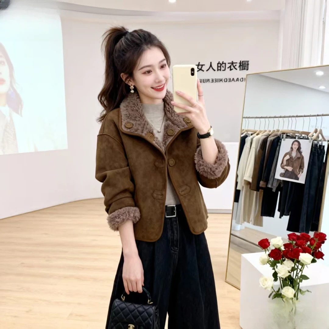 保暖冬季拼接厚款女装短外套女毛毛外套皮毛一体外套女爆款2025新