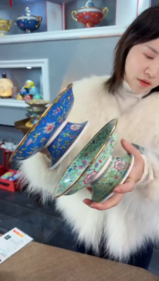 珐琅高脚果盘2个景德镇陶瓷