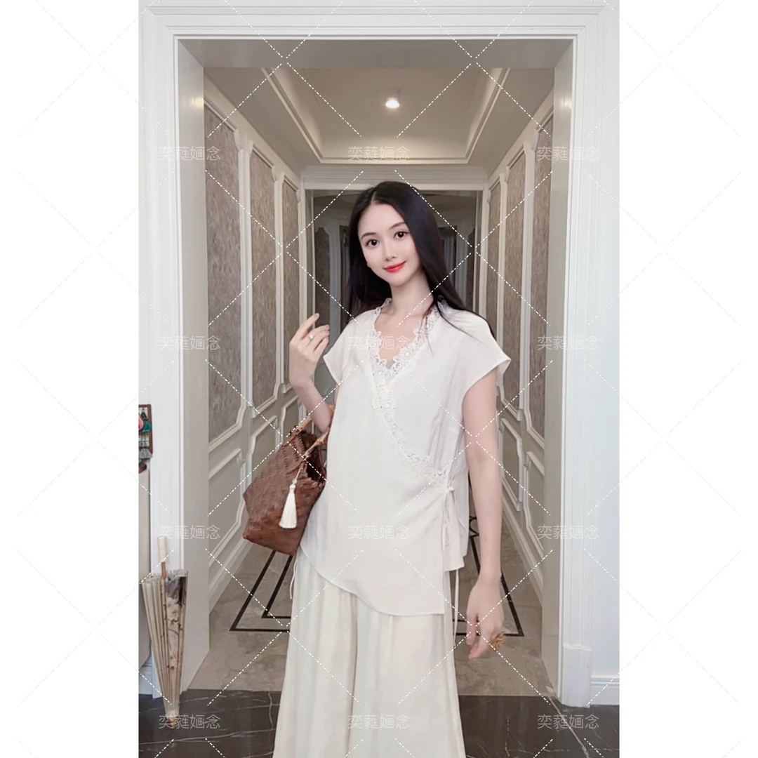 「奕念」《秘密》天丝亚麻交领系带蕾丝拼边国风高定设计款上衣