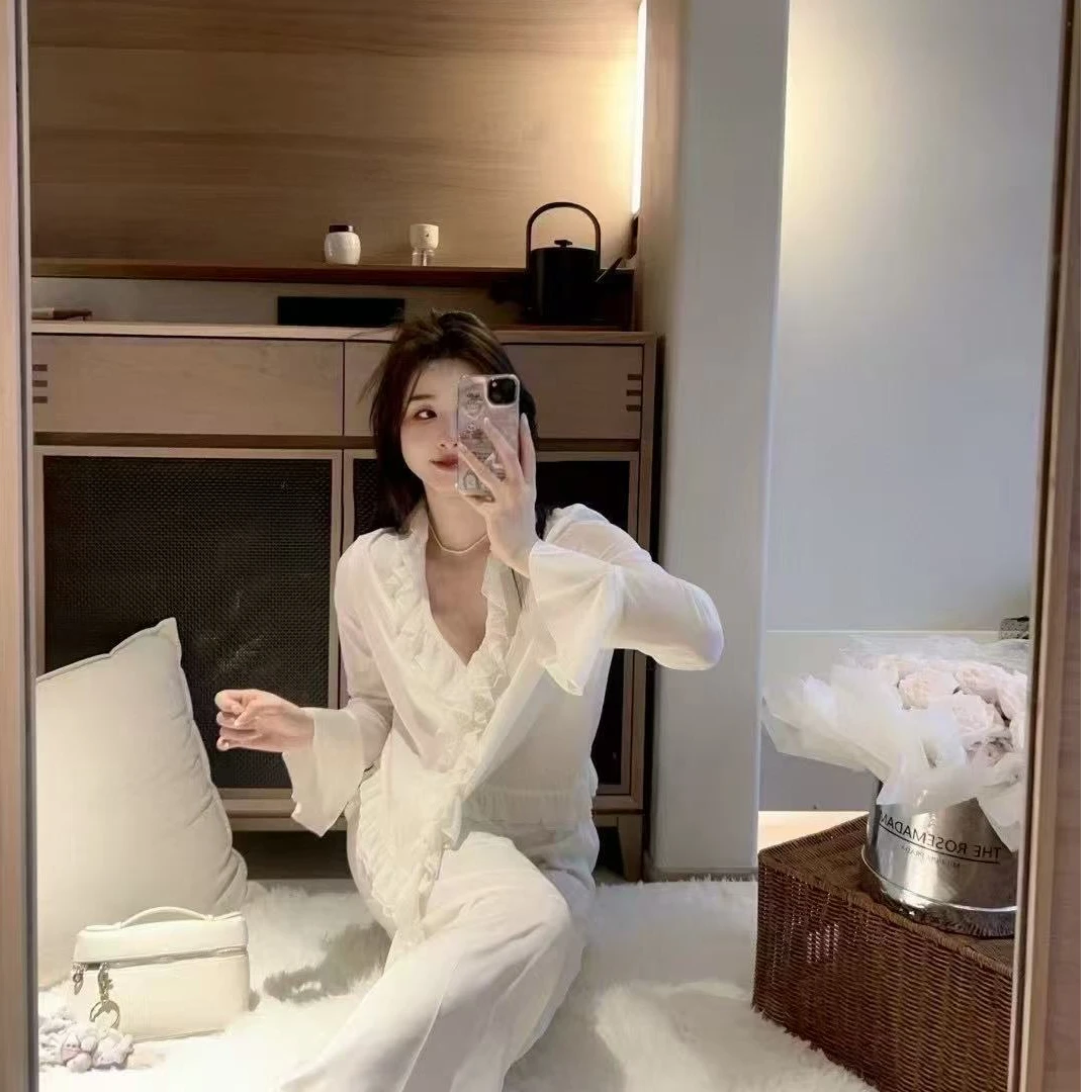 5520#白色立体花朵冰雪丝四件套家居服（盒）