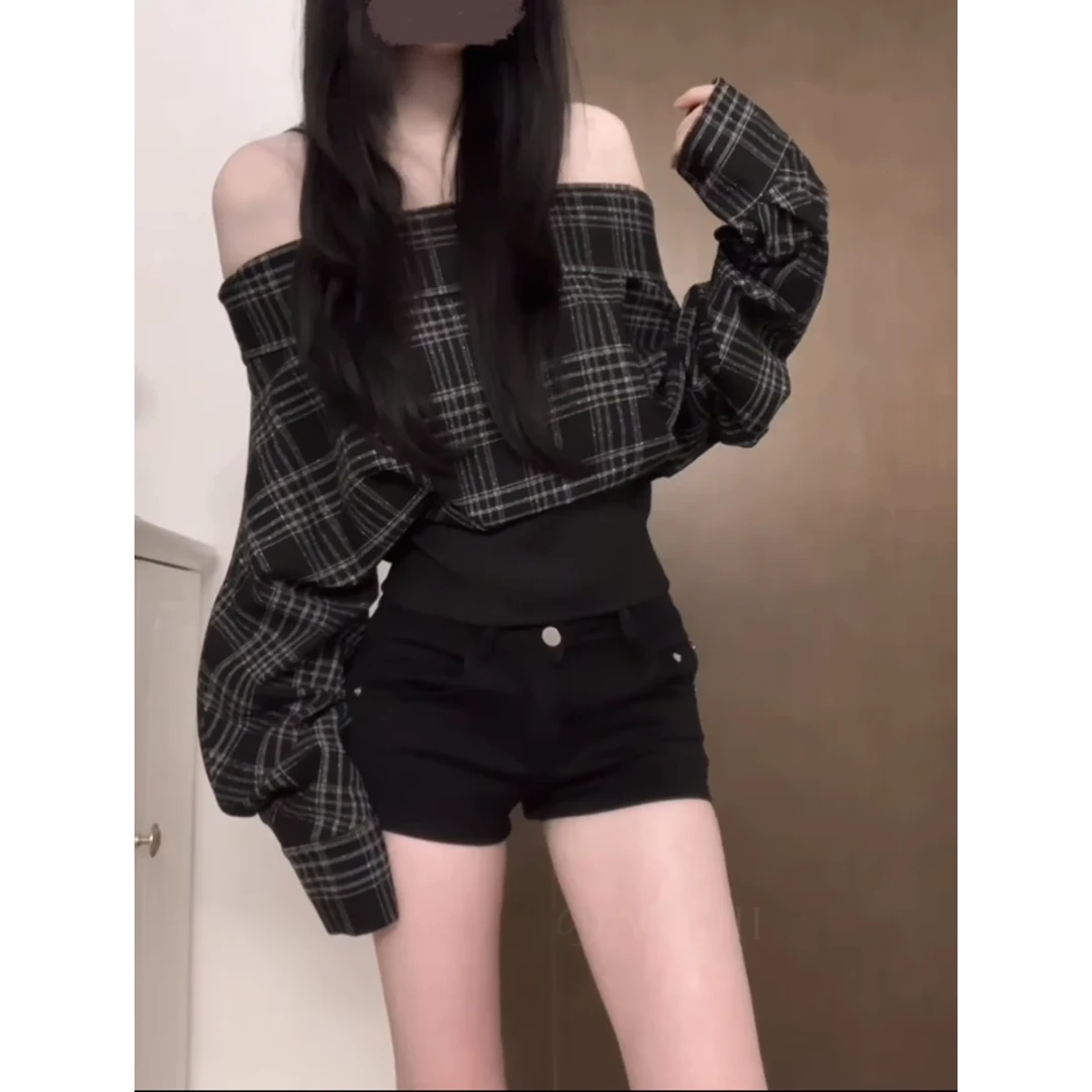 MARIE.COCO韩系chic辣妹一字肩格纹长袖上衣小个子高腰显瘦热裤子