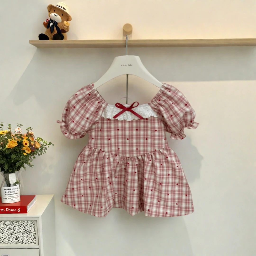 女童夏季学院风休闲连衣裙宝宝时髦短袖裙女孩红格纹公主裙蝴蝶结