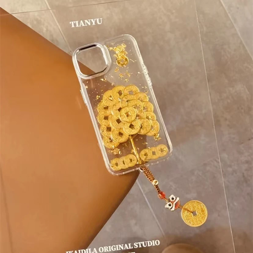 中国风金箔发财金钱树适用iphone16苹果15pro手机壳14透明13挂件