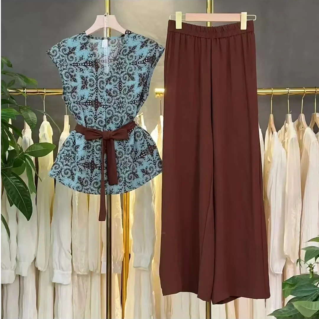 【三件套】时尚套装2025夏季新款收腰显瘦上衣+阔腿裤+腰带套装01