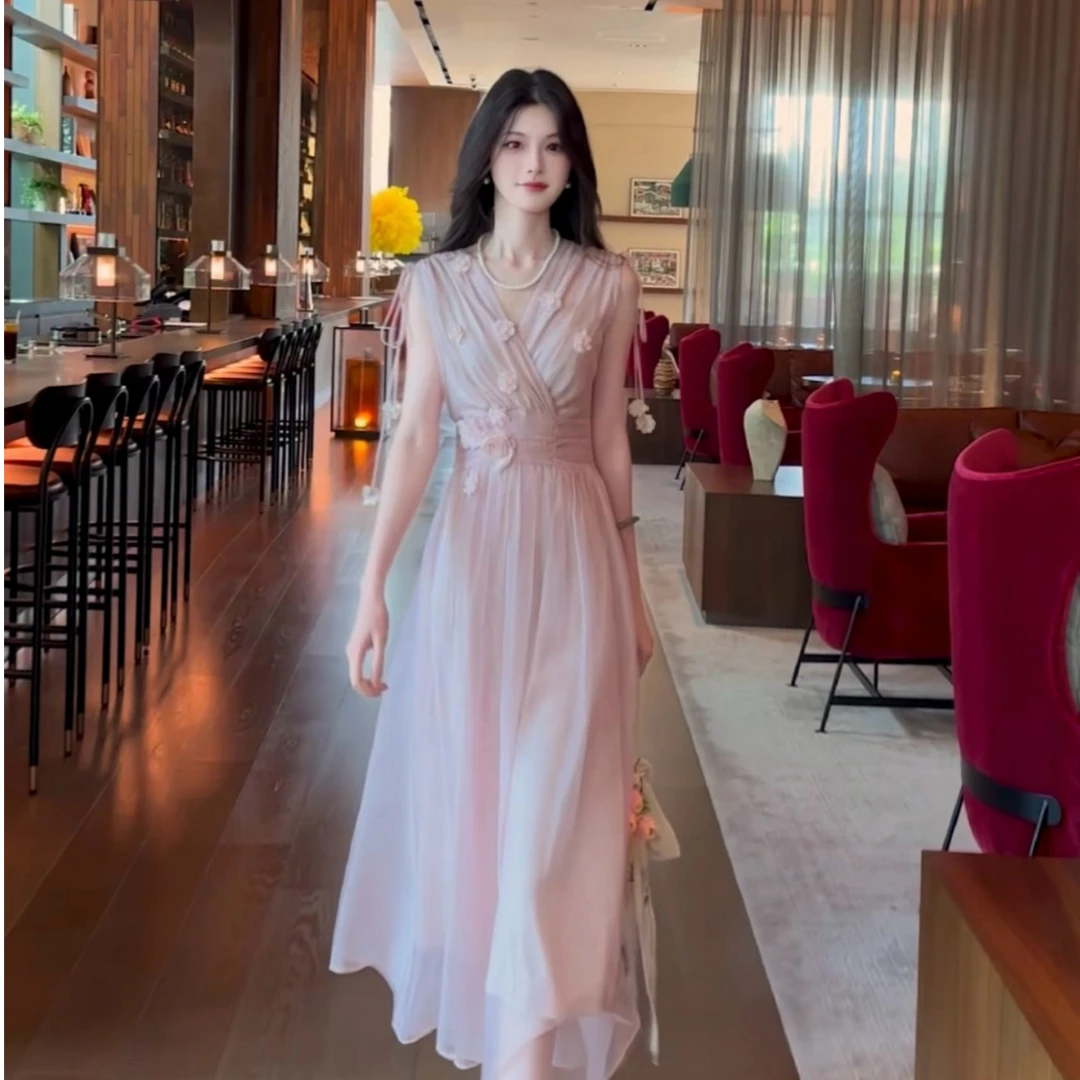 拉夏贝尔2025年夏季新款清凉气质温柔甜美收腰连衣裙 10477 lck