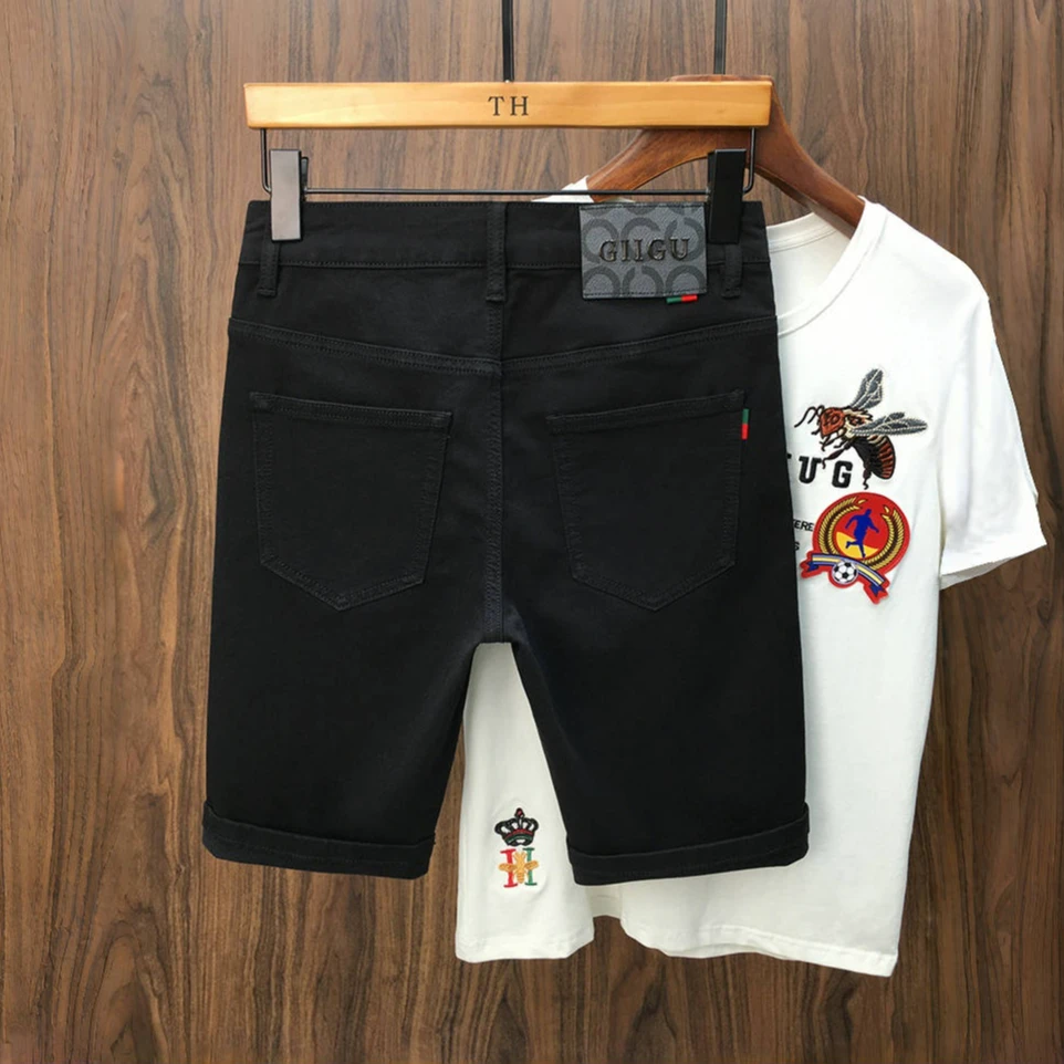 轻奢黑色牛仔短裤男夏季薄款直筒休闲五分裤男士潮流时尚百搭中裤