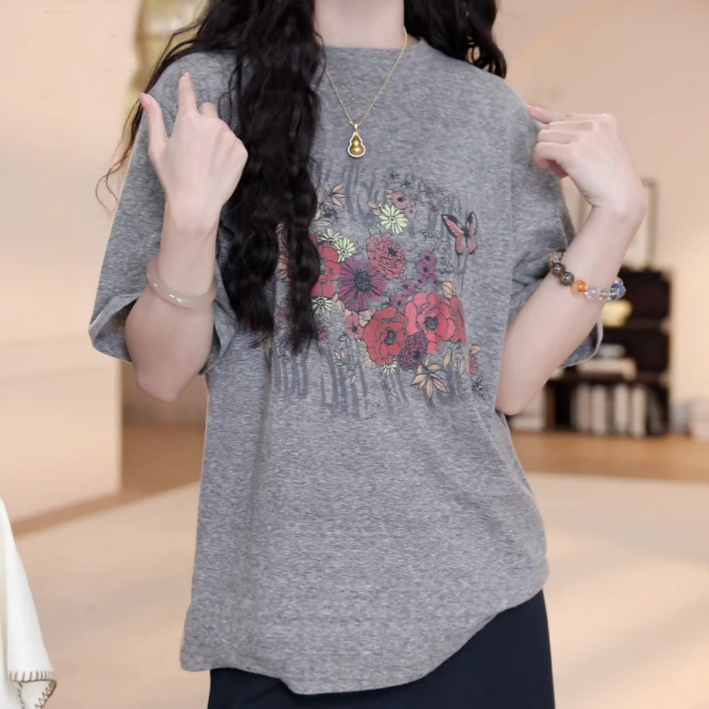 蝴蝶花印花短袖百搭夏季T恤女2025年夏季新款复古宽松上衣气质