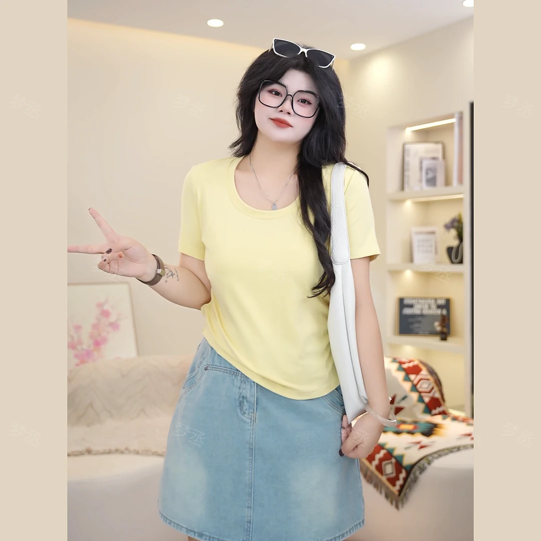 大码女装夏季纯色系圆领简约百搭显瘦遮肉休闲时尚短袖T恤上衣女