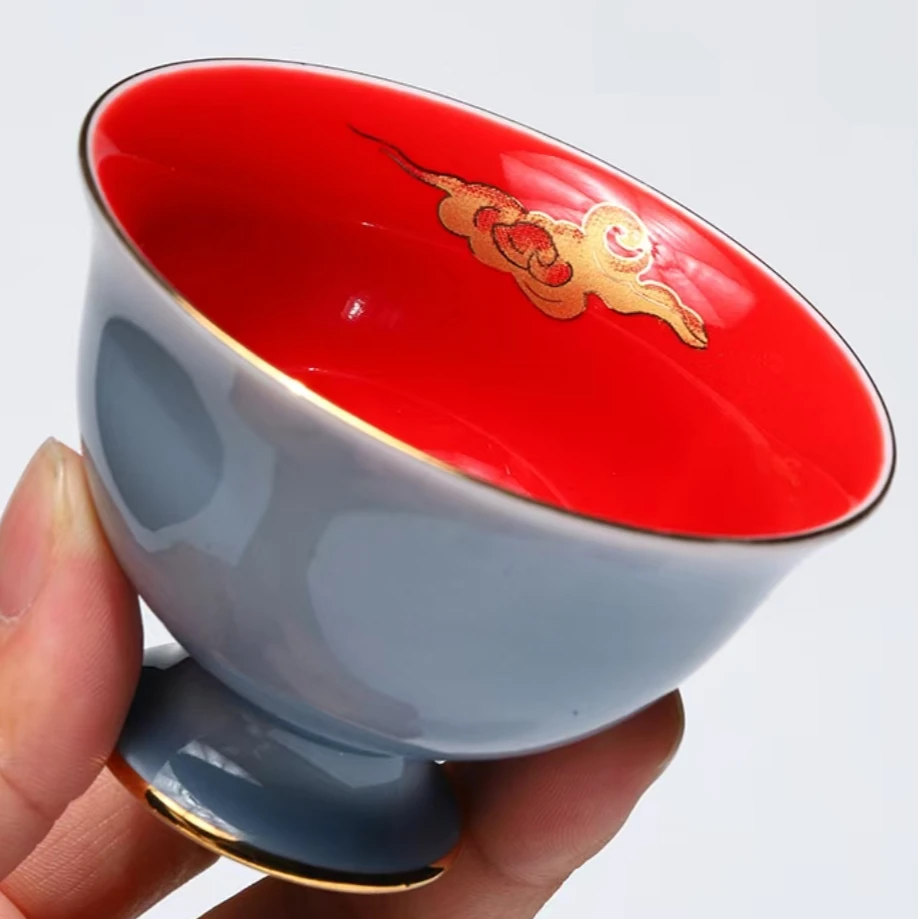 珐琅彩蓝地祥云内红釉高足杯主人杯个人专用品茗杯 DC-171