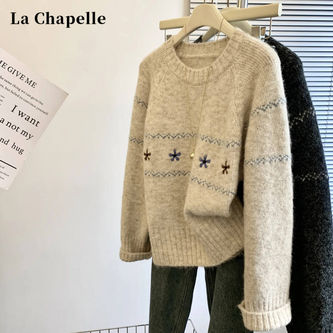 拉夏贝尔韩系软糯套头毛衣女秋季新款针织衫宽松慵懒圆领内搭上衣